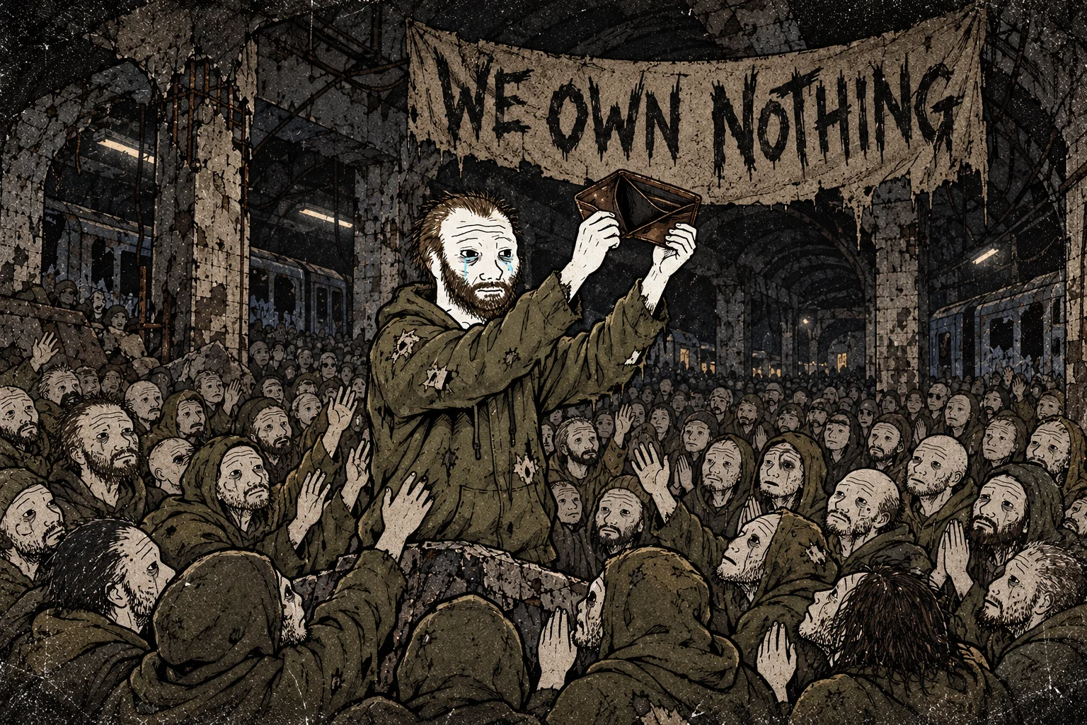 Hundreds of broke Wojak followers gather in a ruined subway beneath a WE OWN NOTHING banner.