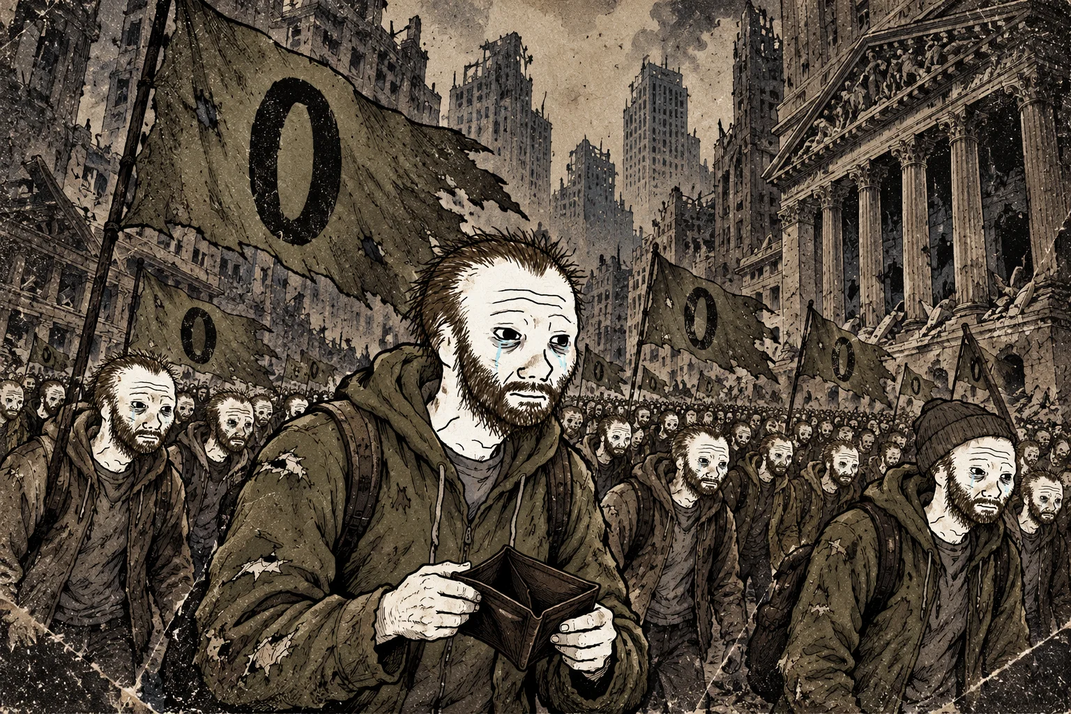 Thousands of Nillionaires march through a ruined financial district under torn zero flags.